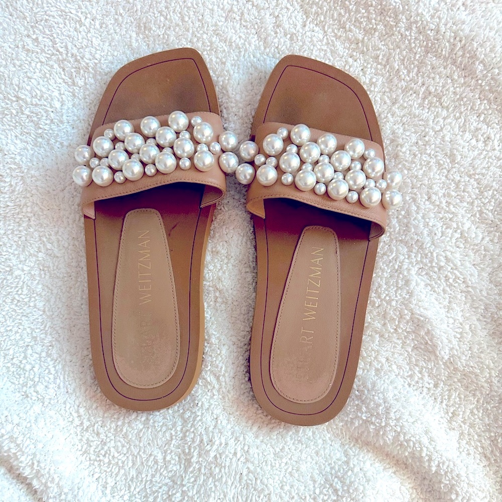Stuart Weitzman Tan Slide Sandals with Pearl Embellishment